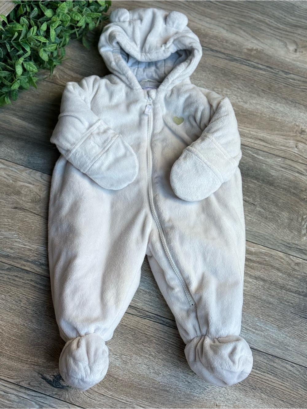 Carter's Plush Hooded Baby One-Piece in Light Cream with Heart